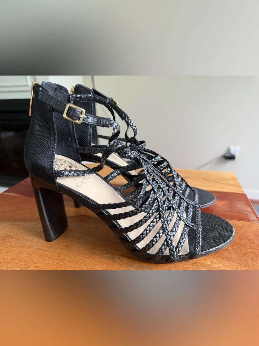 Vince Camuto Black Woven Strappy Block Heel Sandals Size 8